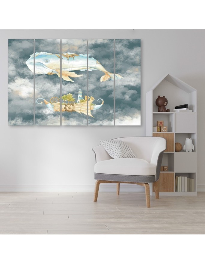 Canvas print for children five-piece - Flying whale and ship | FEEBY