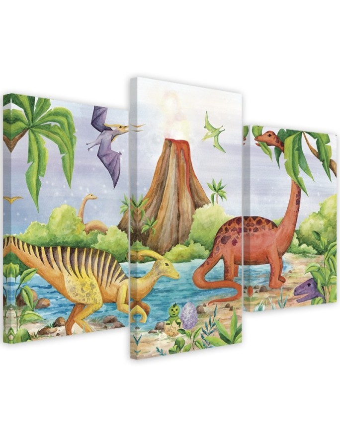 Canvas print for a child's room 3 parts - Dinosaurs at the lake | FEEBY