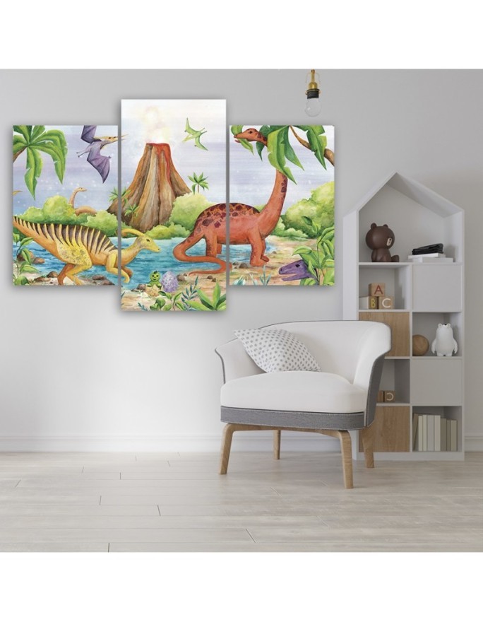 Canvas print for a child's room 3 parts - Dinosaurs at the lake | FEEBY