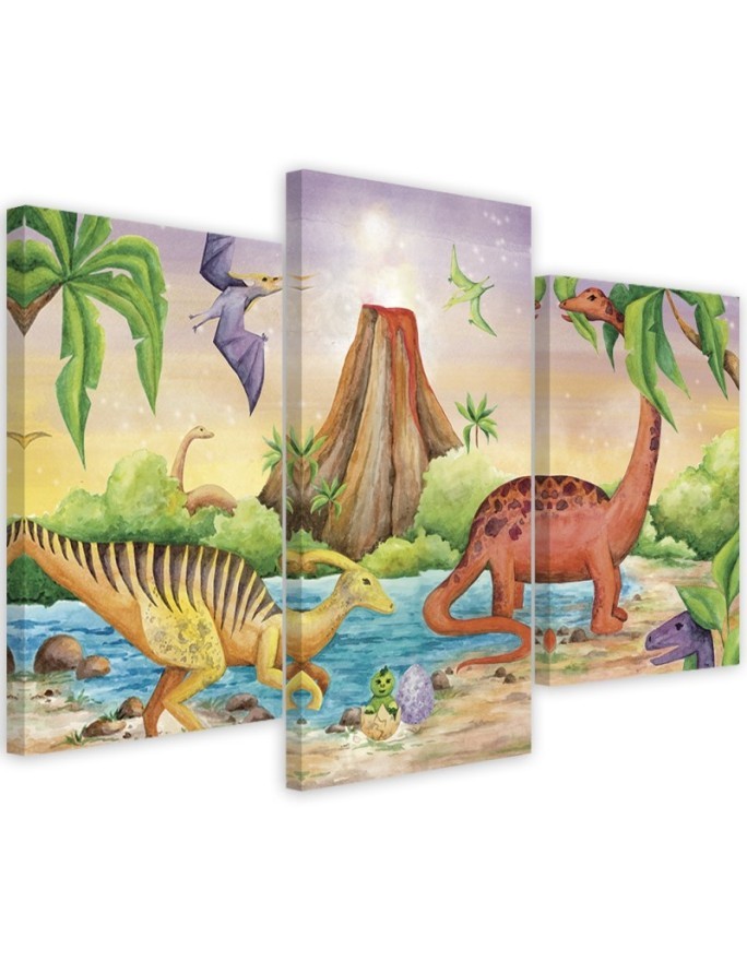 Canvas print for a child's room 3 parts - Dinosaurs at the lake | FEEBY