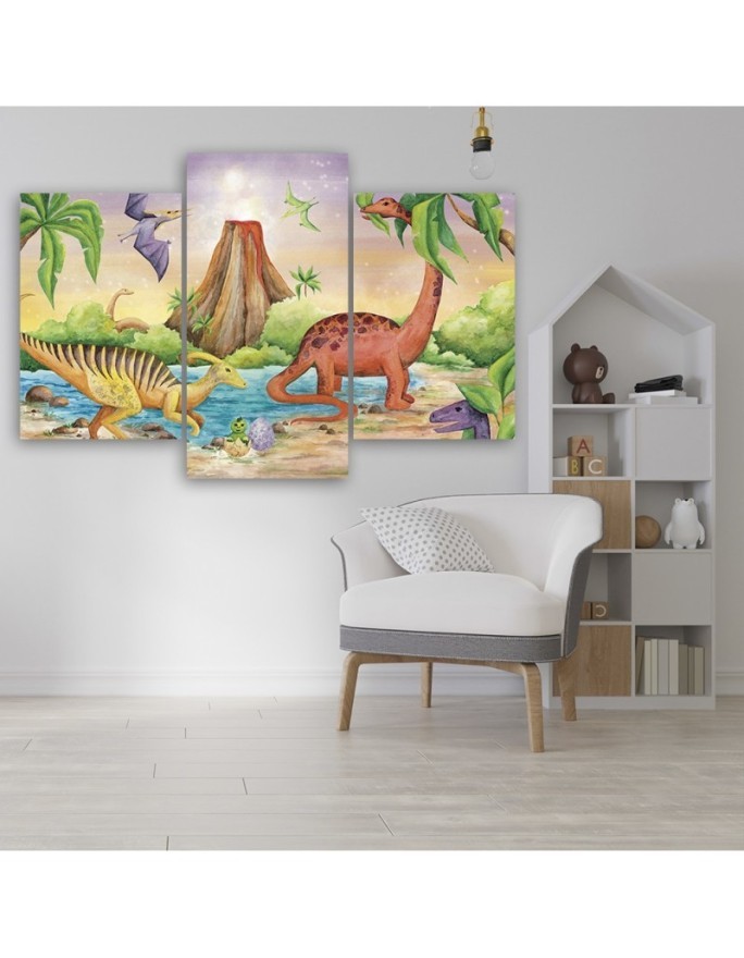 Canvas print for a child's room 3 parts - Dinosaurs at the lake | FEEBY