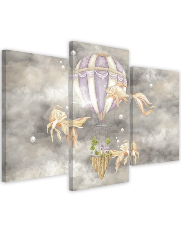 Canvas print 3-part - Hot air balloon flying house and fish | FEEBY