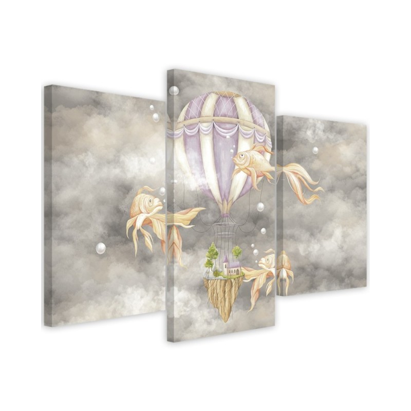 Canvas print 3-part - Hot air balloon flying house and fish | FEEBY