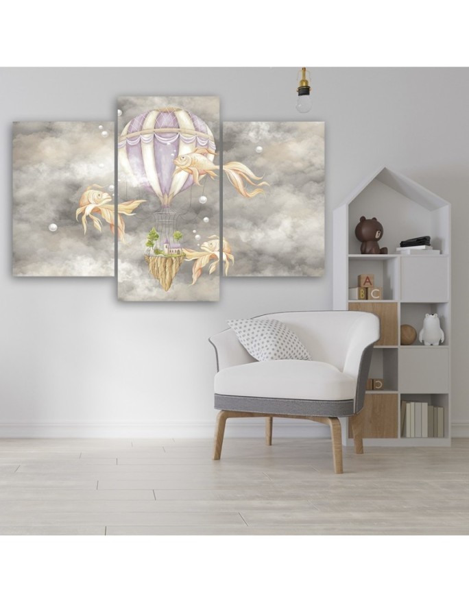 Canvas print 3-part - Hot air balloon flying house and fish | FEEBY