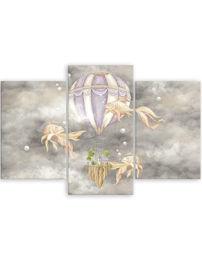 Canvas print 3-part - Hot air balloon flying house and fish | FEEBY