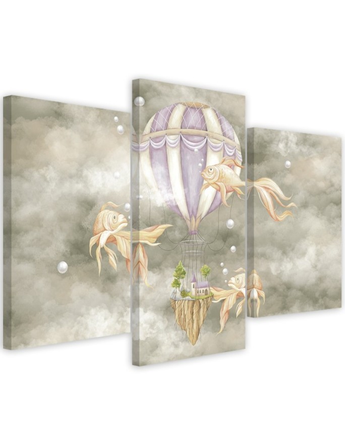 Canvas print 3-part - Hot air balloon flying house and fish | FEEBY