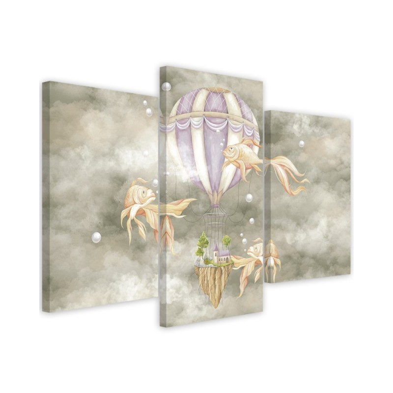 Canvas print 3-part - Hot air balloon flying house and fish | FEEBY