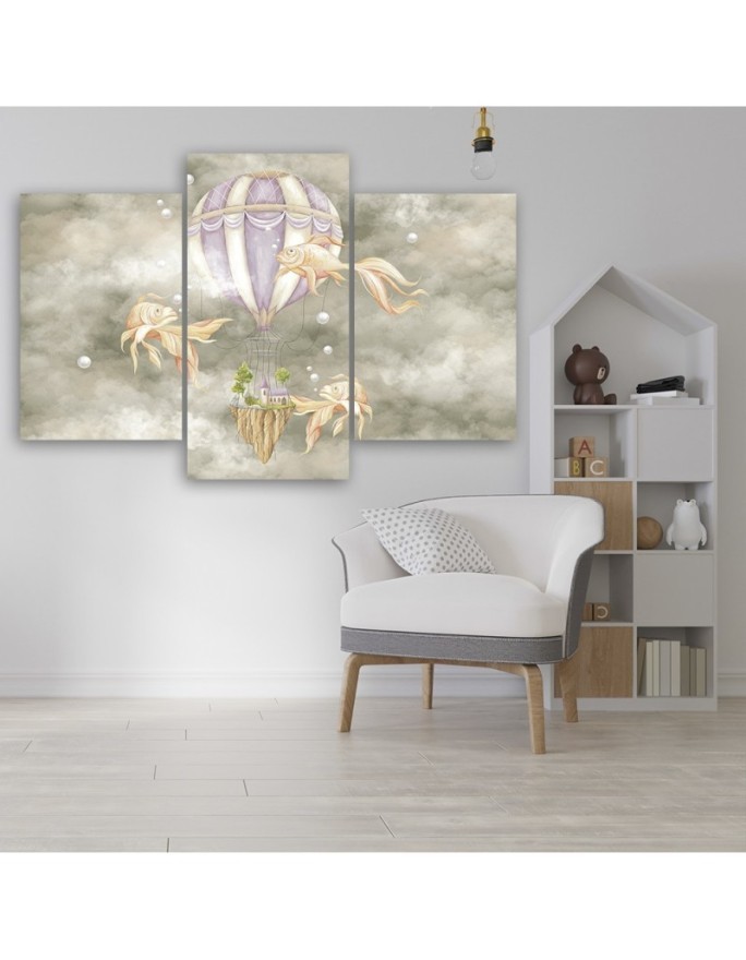 Canvas print 3-part - Hot air balloon flying house and fish | FEEBY