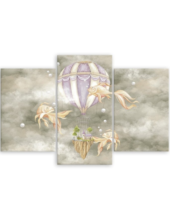 Canvas print 3-part - Hot air balloon flying house and fish | FEEBY