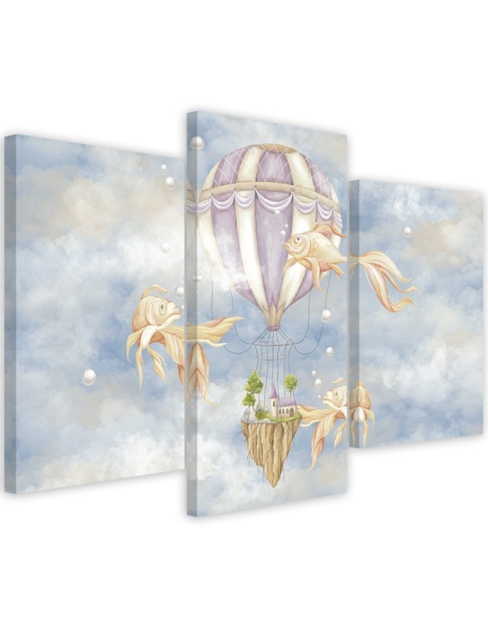 Canvas print 3 parts - Hot air balloon flying house and fish | FEEBY