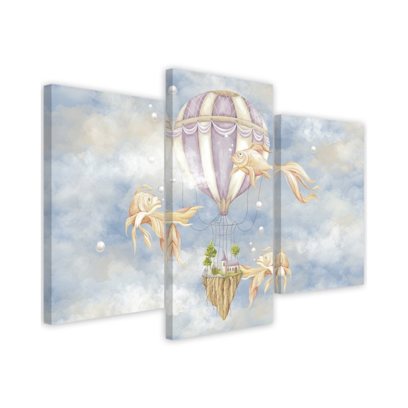 Canvas print 3 parts - Hot air balloon flying house and fish | FEEBY