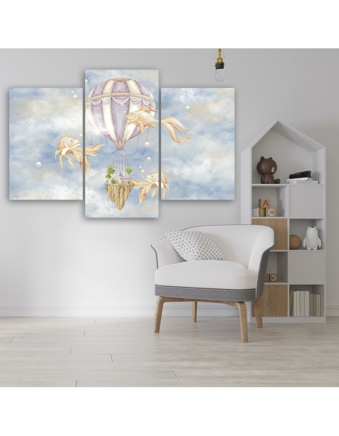 Canvas print 3 parts - Hot air balloon flying house and fish | FEEBY