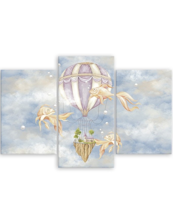 Canvas print 3 parts - Hot air balloon flying house and fish | FEEBY