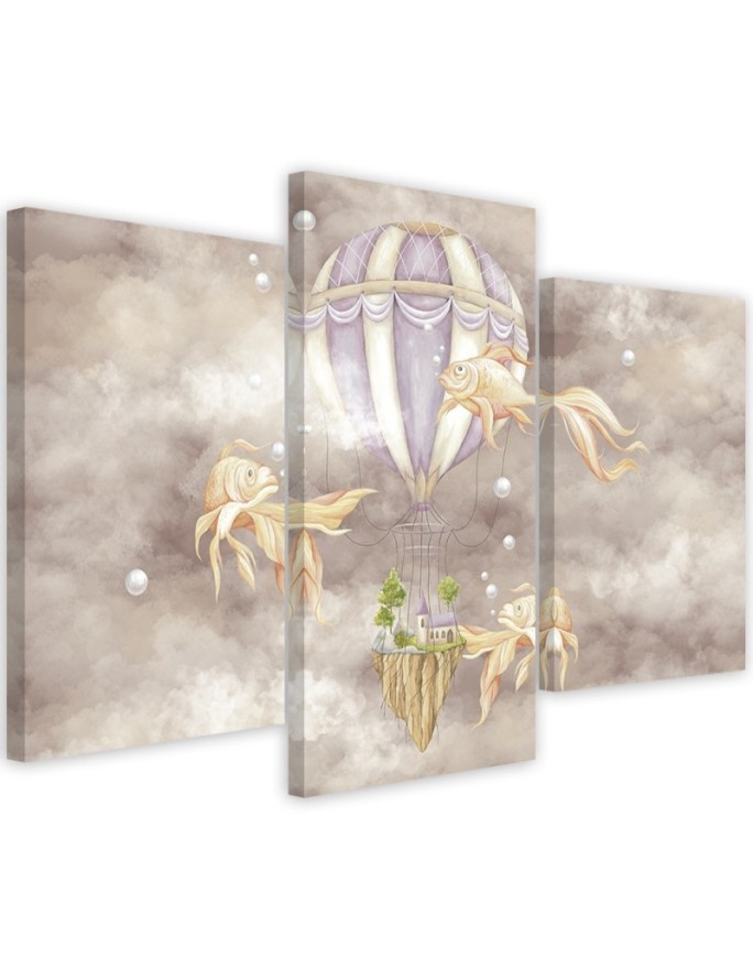 Canvas print 3 parts - Hot air balloon flying house and fish | FEEBY