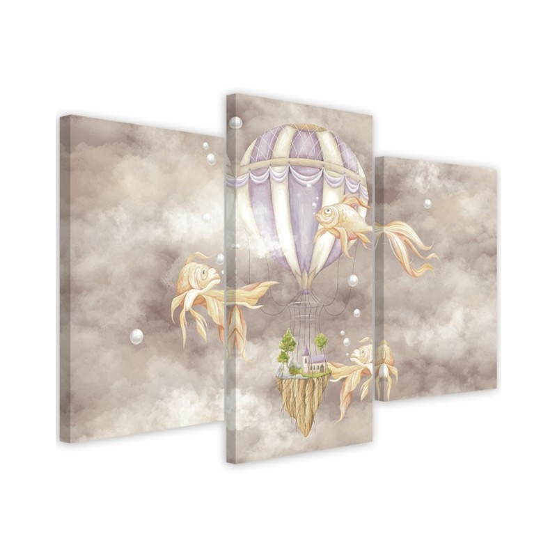 Canvas print 3 parts - Hot air balloon flying house and fish | FEEBY