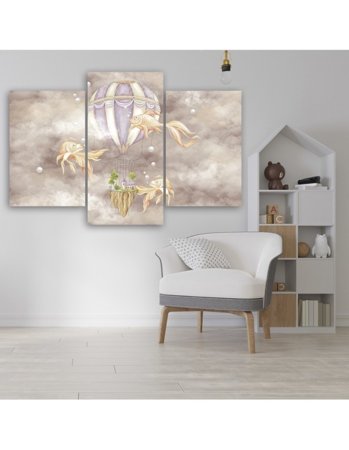 Canvas print 3 parts - Hot air balloon flying house and fish | FEEBY