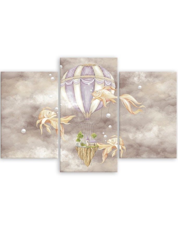 Canvas print 3 parts - Hot air balloon flying house and fish | FEEBY