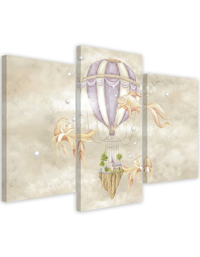 Canvas print 3 parts - Hot air balloon flying house and fish | FEEBY