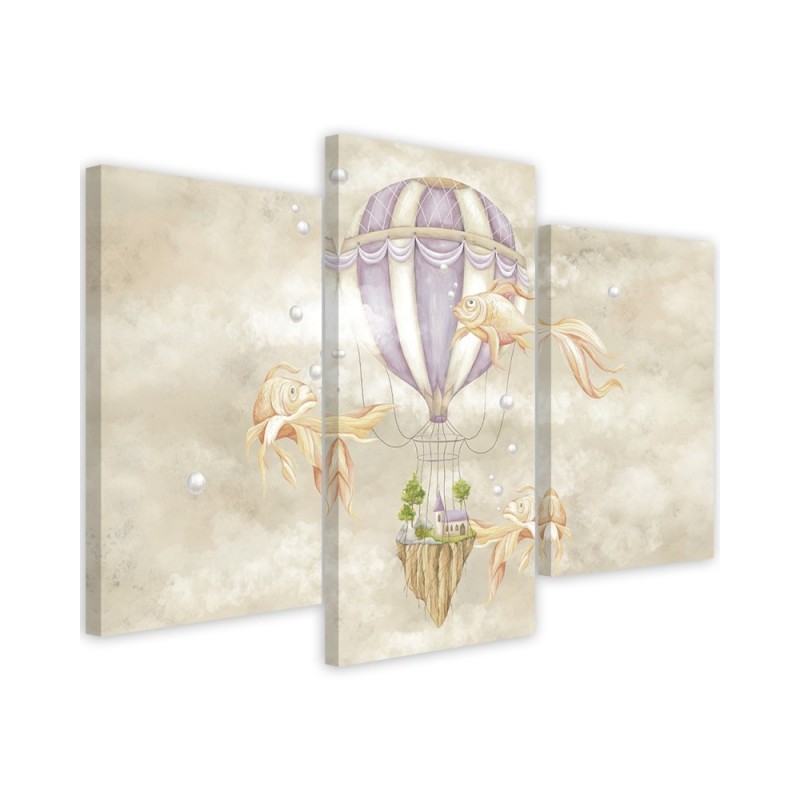 Canvas print 3 parts - Hot air balloon flying house and fish | FEEBY