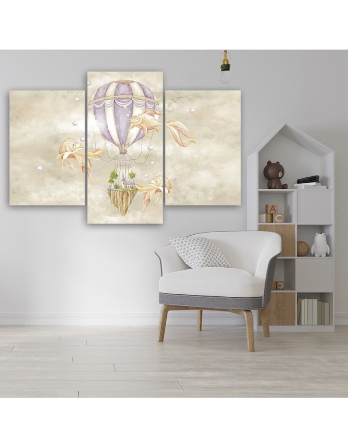 Canvas print 3 parts - Hot air balloon flying house and fish | FEEBY