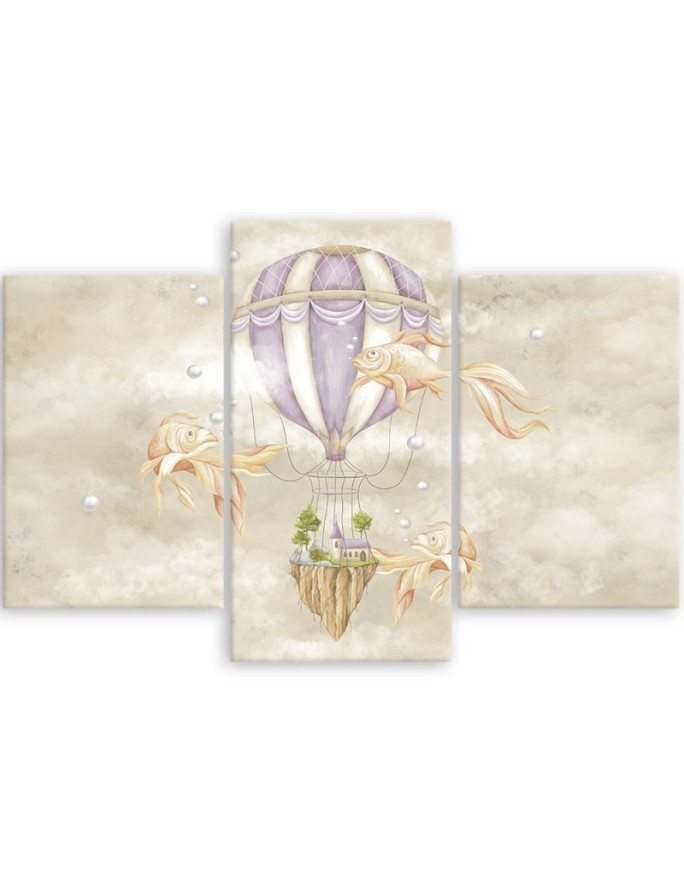 Canvas print 3 parts - Hot air balloon flying house and fish | FEEBY
