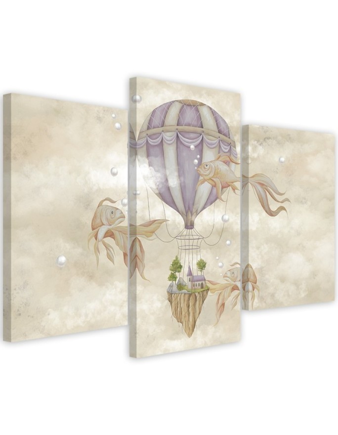 Canvas print 3-part - Hot air balloon flying house and fish | FEEBY