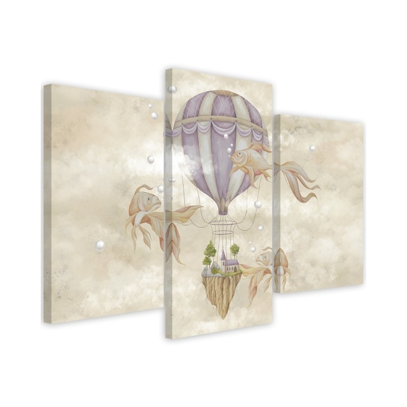 Canvas print 3-part - Hot air balloon flying house and fish | FEEBY