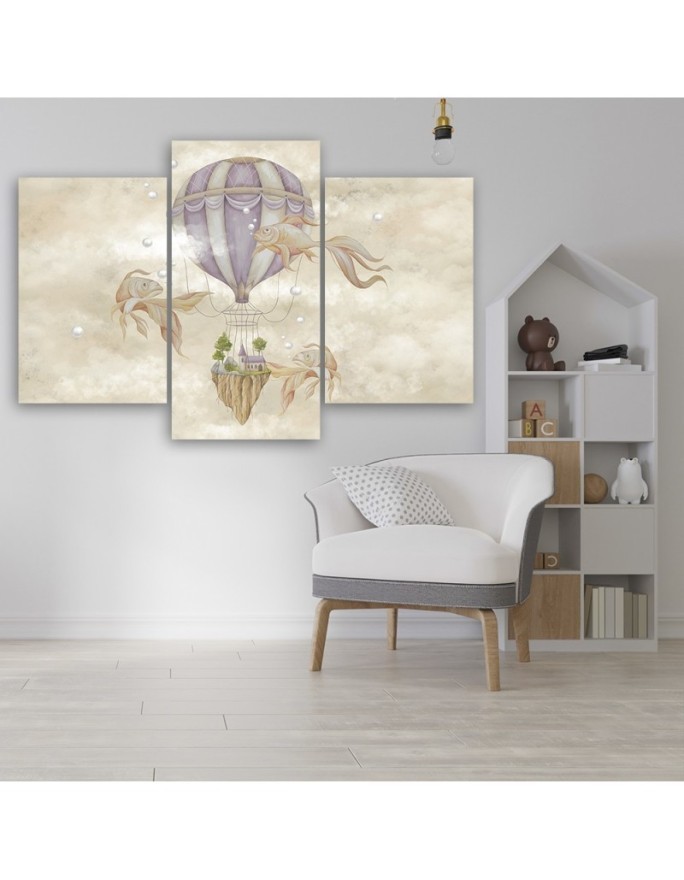 Canvas print 3-part - Hot air balloon flying house and fish | FEEBY