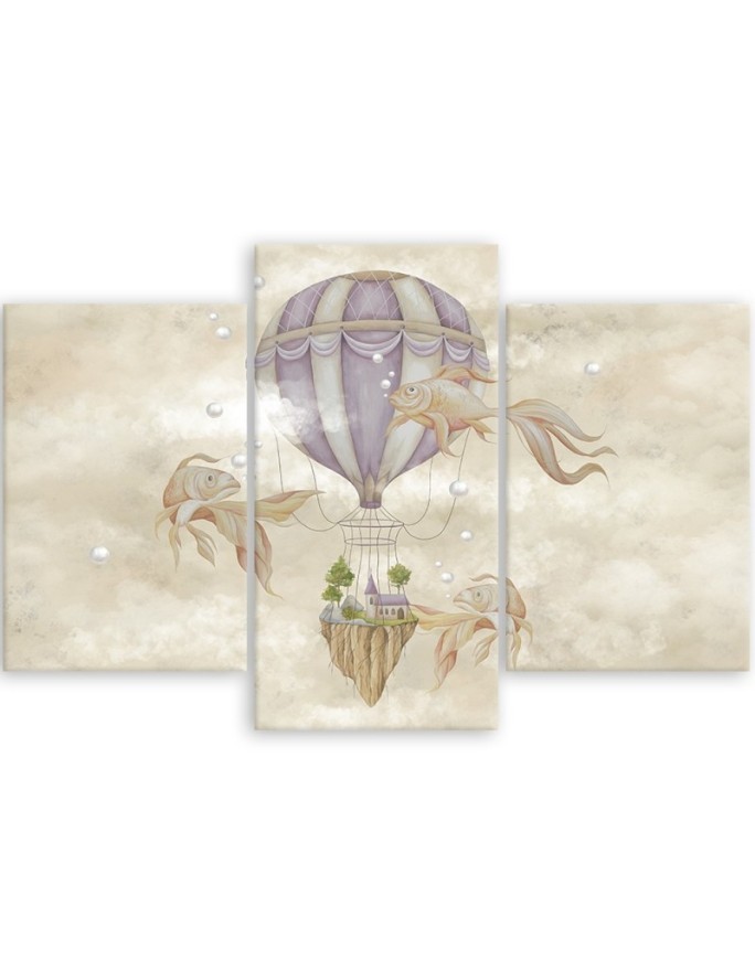 Canvas print 3-part - Hot air balloon flying house and fish | FEEBY