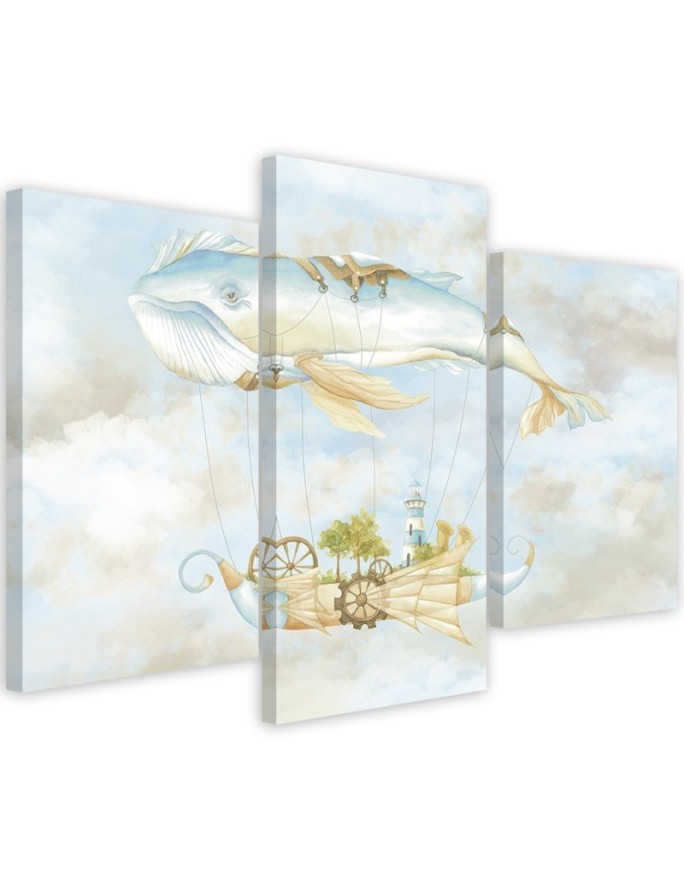 Children's triptych painting - Flying whale and ship | FEEBY