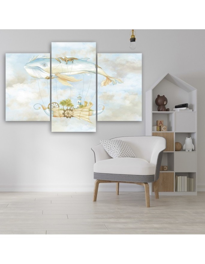 Children's triptych painting - Flying whale and ship | FEEBY