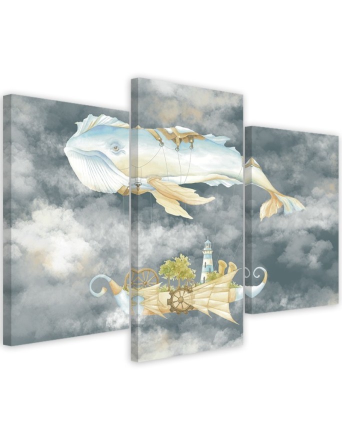 Children's triptych painting - Flying whale and ship | FEEBY