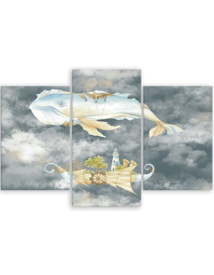 Children's triptych painting - Flying whale and ship | FEEBY