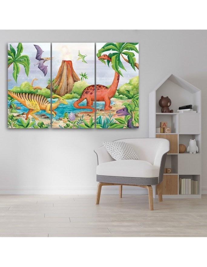 Canvas print for a child's room 3 parts - Dinosaurs at the lake | FEEBY