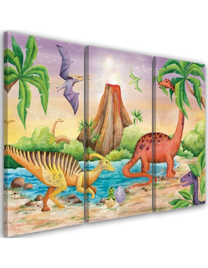 Canvas print for a child's room 3 parts - Dinosaurs at the lake | FEEBY