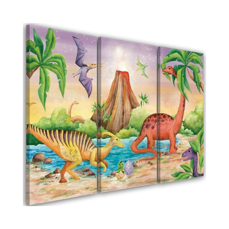 Canvas print for a child's room 3 parts - Dinosaurs at the lake | FEEBY