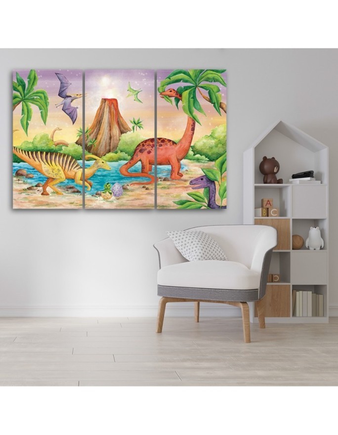 Canvas print for a child's room 3 parts - Dinosaurs at the lake | FEEBY
