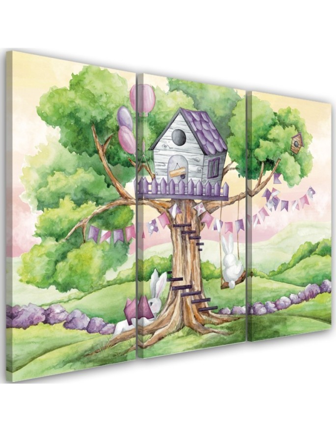 Children's triptych painting - White rabbits treehouse | FEEBY