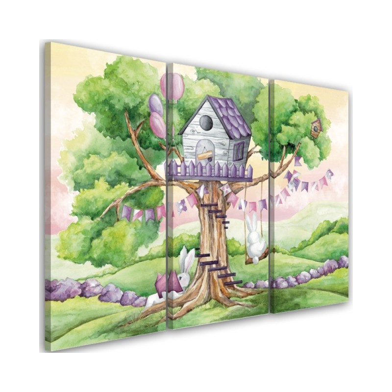 Children's triptych painting - White rabbits treehouse | FEEBY