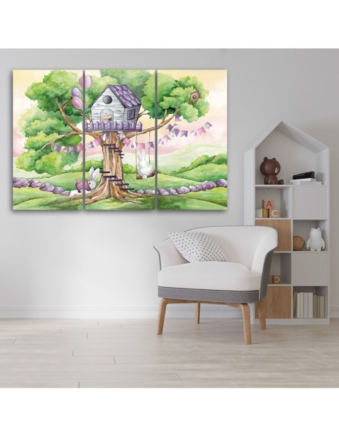 Children's triptych painting - White rabbits treehouse | FEEBY