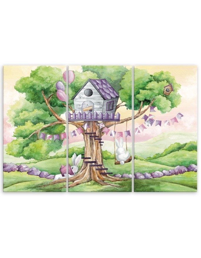 Children's triptych painting - White rabbits treehouse | FEEBY