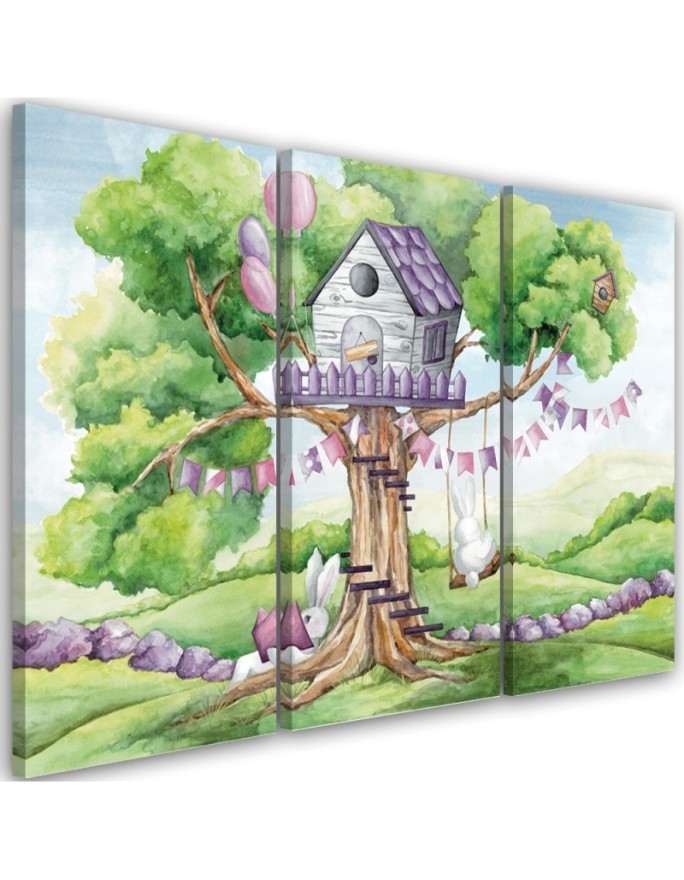 Children's triptych painting - White rabbits tree hut | FEEBY