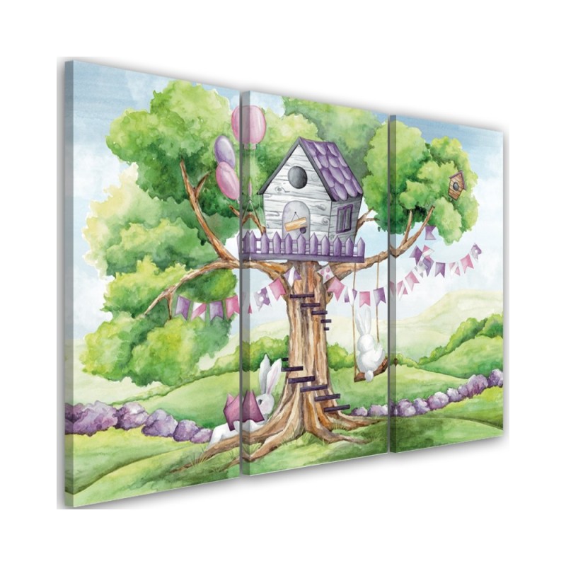 Children's triptych painting - White rabbits tree hut | FEEBY