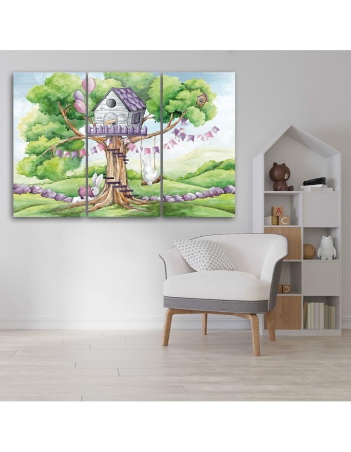 Children's triptych painting - White rabbits tree hut | FEEBY