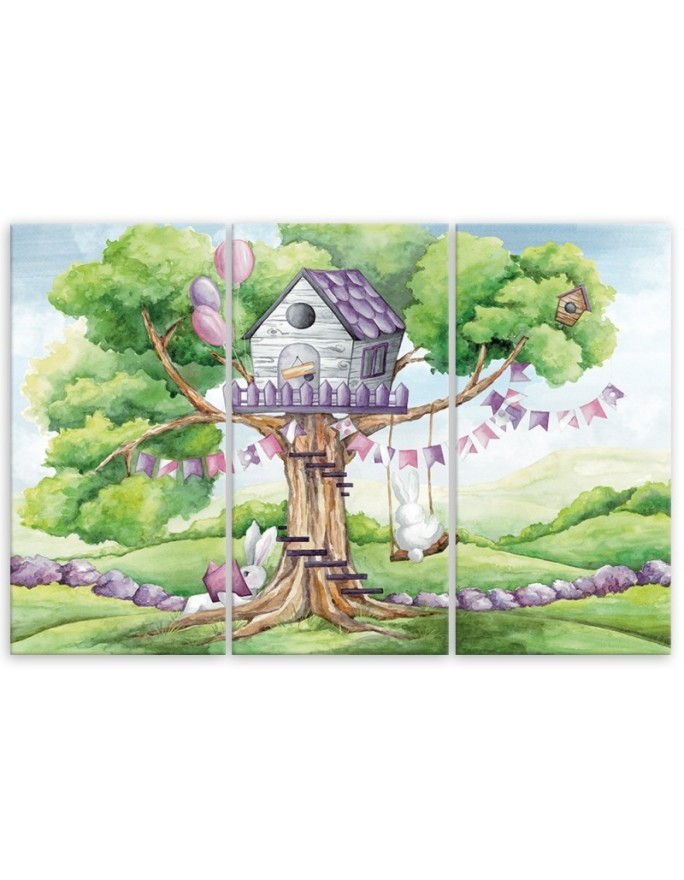 Children's triptych painting - White rabbits tree hut | FEEBY