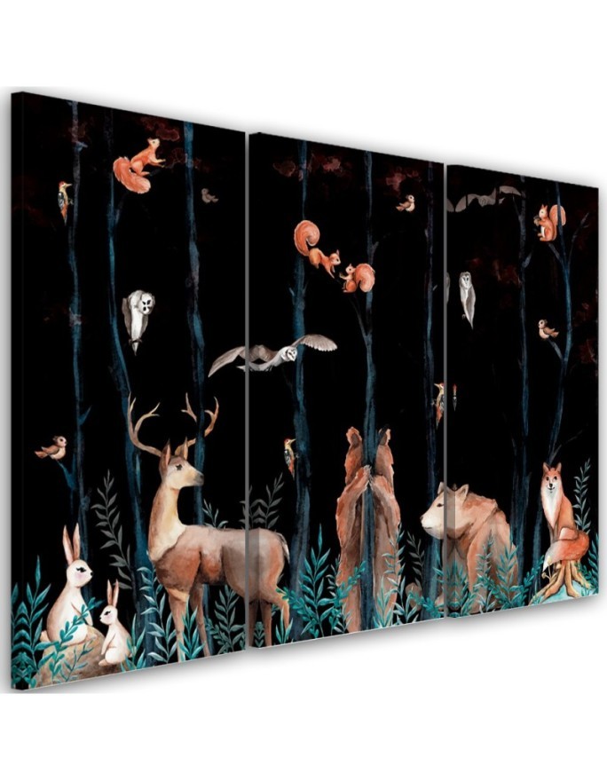 Children's triptych Canvas painting - Forest animals deer bear fox | FEEBY