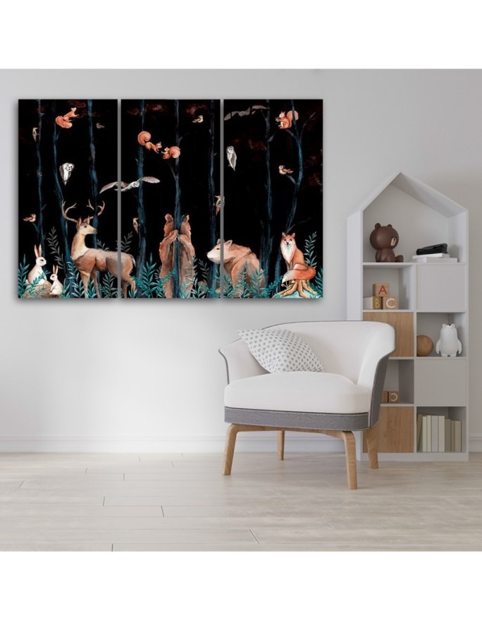 Children's triptych Canvas painting - Forest animals deer bear fox | FEEBY
