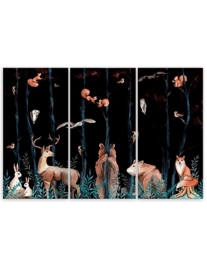 Children's triptych Canvas painting - Forest animals deer bear fox | FEEBY