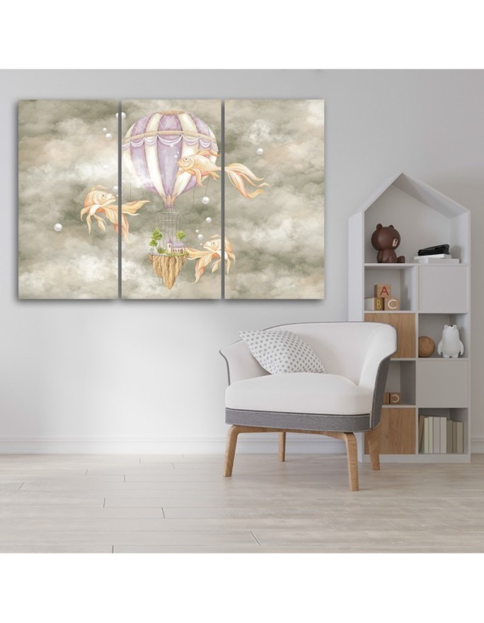Canvas prints for children - Hot air balloon flying house and fish | FEEBY