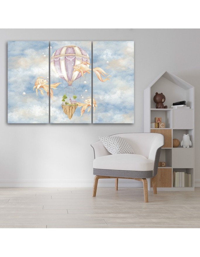 Canvas prints for children - Hot air balloon flying house and fish | FEEBY